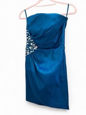Vintage Y2K Teal Blue Satin Rhinestone Mini Dress Size 6 Party Cocktail picture