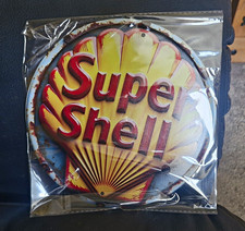 vintage worn look Super Shell Round Petrol & Oil tin Sign/Plaque approx 8 inch picture