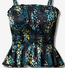 Torrid Plus 1 Black Abstract Square Neck Satin Smocked Ruffle Peplum Tank picture