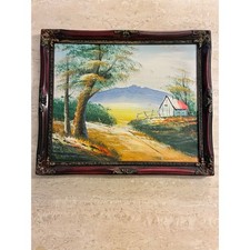 Vintage Landscape Oil Painting Cottage Mountain Scene Ornate Cherry Gold Frame picture