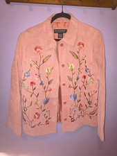 Vintage Dialogue Womens suede leather jacket pink with floral embroidery sz M picture