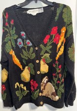 Vtg Eagle's Eye 90s Hand Knit Flower Vegetable Rabbit Sweater Grandma Chunky L picture