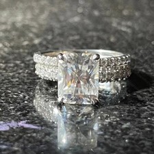 2.84 TCW Radiant Cut Moissanite Bridal Set Engagement Ring 14k White Gold Plated picture