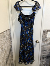 Nasty Gal Black Blue Floral Chiffon Maxi Dress Square Neck Cap Sleeve Lace 10 picture