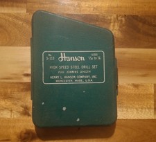 Vintage Hanson S-113 Steel Drill Bit Set 13 Piece Silver Green Case Worcester MA picture