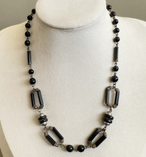 Antique 1920s Signed Czechoslovakia Black Glass Necklace Art Deco Geometric picture