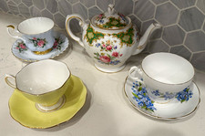 Vintage English Bone China Tea Set Tuscan Teapot Royal Albert Ascot 3 Cups picture