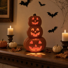 USED Stacked Jack-O’-Lantern Pumpkin Decoration–3-Tier Light-Up Halloween Gourd picture