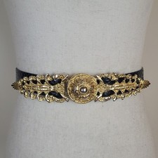 VTG Alexis Kirk Belt XS Black Leather Snakeskin Sculptural Statement Ornate Luxe picture