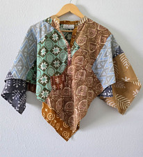 Sacred Threads Women’s Crop Blouse One Size Multicolor Geo V-Neck Button Pocket picture