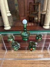 Antique Dollhouse German Glass Green Decanter And Mug 6 Piece Set /Original Box picture