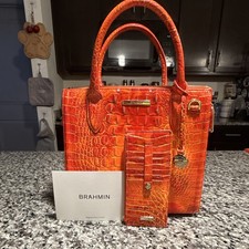 Brahmin Spicy Orange Melbourne Croc Embossed Satchel with matching wallet picture