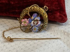 Antique 22K & 14K Gold Brooch 6.05g Fine Jewelry Enamel Pansy Flowers Pin picture