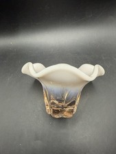 Vtg Opalescent Ruffled Glass Bowl Rose Flower Base Clear Top Pink Tint 5.5