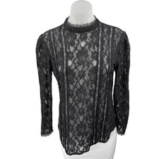 Reformation Kruger Black Floral Lace Long Sleeve Mock Neck Sheer Blouse Top Sz S picture