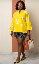 Women’s Ankara African Print 2-Piece Set Yellow Top & Black Shorts S( 10-14) picture