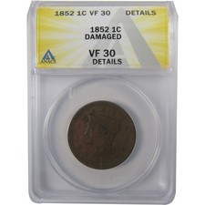 1852 Braided Hair Copper Large Cent VF 30 Details ANACS SKU:I25517 picture