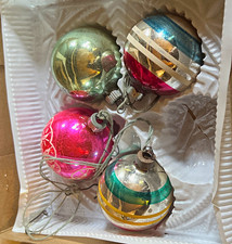 Vintage Made in USA Glass Christmas Ornaments Lot of 4 Stencil Stripe w/ Box picture