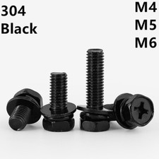 Black 304 Stainless Steel Phillips Hex Bolt With Flat Spring Washers M4 M5 M6 picture