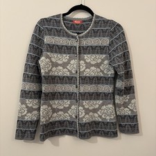 Oleana Norway Merino Wool Silk Cardigan Sweater Floral Stripe Gray Size S Luxury picture