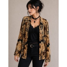 Whimsigoth Dark Romantic Floral Shirt R&M Richards L Metallic Slit Back picture