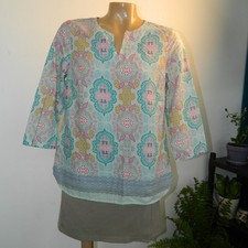 Talbots Blouse Top Womens SP Blue Pink Paisley Cotton 3/4 Sleeve Split Neck picture