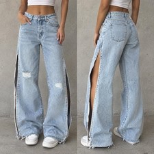 Adika Light Wash Baggy Side Split Distressed Jeans Y2K Skater Medium picture