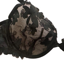 Victoria's Secret 34D Black Lace Satin Unlined Plunge Underwire Strappy Bra picture