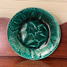 Antique Green Majolica Plate France 1880s Geranium Leaf Motif  picture