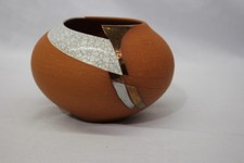 Original Signed TERRY HABEGER Art Pottery Metallic & Crackle Terra Cotta Bowl picture