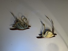 MCM Swan Bird Brass Copper Wall Art Decor Cattails Wood Base Vintage Set Of 2  picture