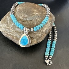WoMens Blue Kingman Turquoise Pendant Navajo Sterling Silver Necklace 21