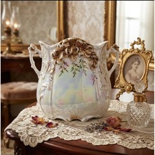 Antique 1910s Iridescent Luster Porcelain Vase Gold Gilt Floral Double Handle picture