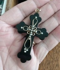 Antique Victorian Large Mourning Cross Black Onyx  Gold Filled With Pearls  picture