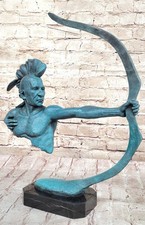Signed American Indian Warrior Bronze Sculpture Art Figurine Statue Green Patina picture