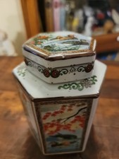 Vintage Hexagonal Porcelain Tea Caddy with Lid Made In Japan Hand Painted picture