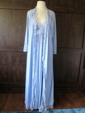 Vtg Olga Bodysilk Blue Nightgown Negligee Robe Lace Peignoir Set Nylon S Sweep picture