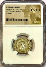 247-249 AD Philip II & Roma Ancient Roman Silver Dbl Denarius Coin NGC Choice AU picture