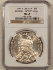 1901A GERMANY 5 MARK PRUSSIA-BICENTENNIAL, KM526 - NGC MS-64 picture