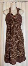 BCBGMAXAZRIA Silk Beaded Halter Dress Brown Geometric Tribal Print Womens Sz 10 picture