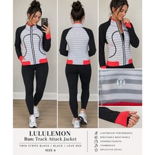Lululemon Run Track Attack Jacket in Twin Stripe Black / Black / Love Red 6. picture