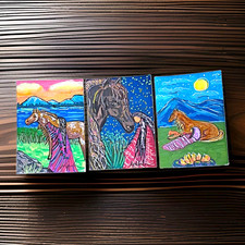 Apahula Set of 3 OOAK Signed Mixed Media Horse Paintings on Paper (2026) picture