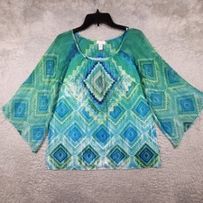 Chicos 2 Blouse Womens L 12 Green Blue Geometric Embellished Sheer Bell Sleeves picture