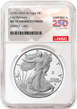 2026 W Enhanced Uncirculated Silver Eagle NGC MS 70, FR 250th Flag 3 picture