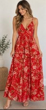 Flying Tomato Maxi Dress Size M Red Floral Tiered Halter Chiffon picture