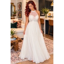 Hoco Formal Vintage Cream Halter Silver Embroidered Chiffon Gown Mike Benet Prom picture
