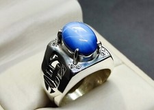 Natural 8 Carat Blue Sapphire Star Sterling Silver 925 Handmade Men Lattice Ring picture