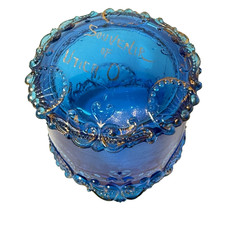 UTICA , OREGON - BLUE Glass Souvenir ANTIQUE Vintage Gilded Trinket Box picture