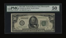 DBR 1928 $50 scarce Minneapolis Numeral Fr. 2100-I PMG AU-50 Serial I00014011A picture