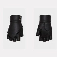 Asymmetrical Black Leather Gloves | Gothic Biker Cyberpunk Fashion Accessory picture